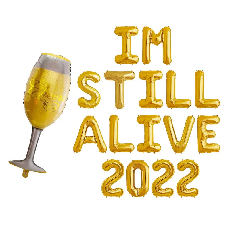 

2022 Still Alive Happy New Year Balloon Party Decoration 32 Inch Gold Silver Mylar Glass Alphabet Letters Globos Arch Kit