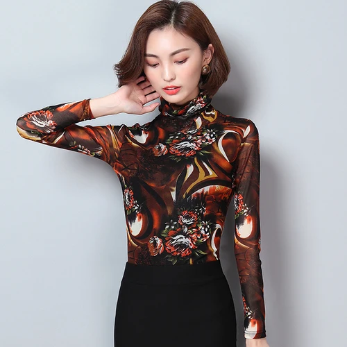 2020 Autumn New Fashion Beautiful Big Flower High Collar Large Size Xxxl Designs Women Simple Sexy Commute Lady Bottoming Shirts |