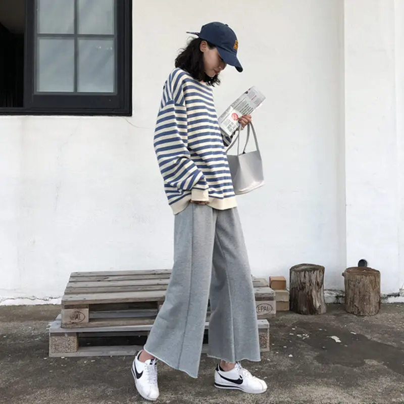 Толстовка без шапки Женская в полоску простой мешковатый Повседневный Ретро