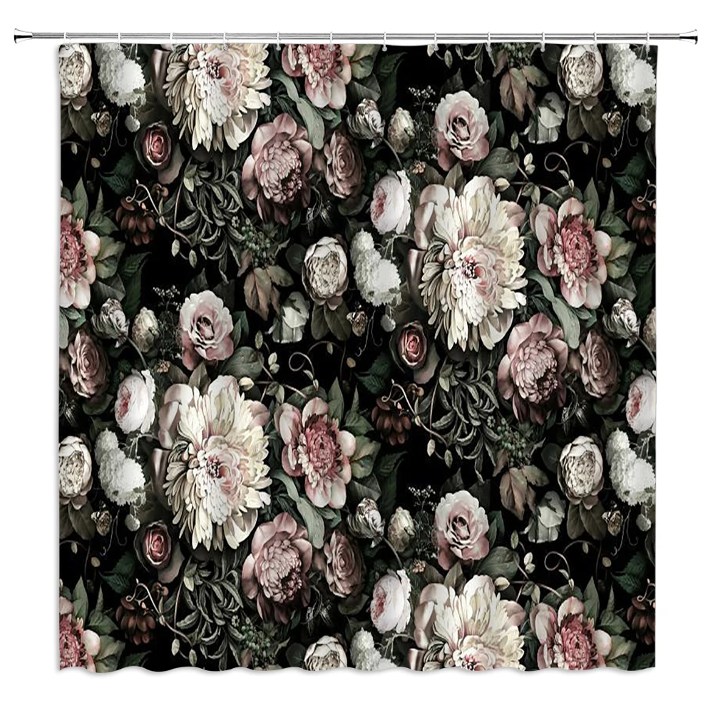 

Shower curtain flowers floral print shower curtain bathroom curtain Green plant lotus curtain black white