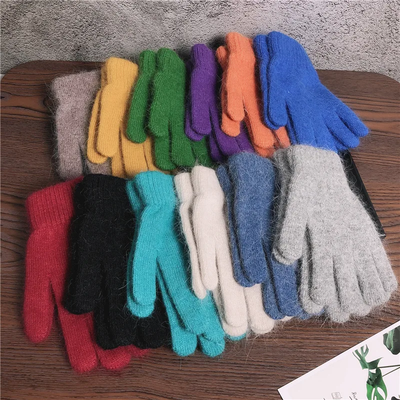 

Новые милые вязаные перчатки из кроличьего меха ярких цветов, зимние плотные варежки, теплые перчатки, женские зимние перчатки с пальцами