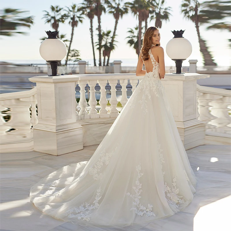 Купи Bohemian A-line O-neck Tulle Wedding Dress Backless Lace Appliques Floor-length Bridal Gown Customized Свадебное платье за 4,962 рублей в магазине AliExpress