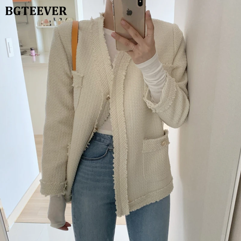 

BGTEEVER Elegant V-neck Women Single-breasted Jacket New Fashion Long Sleeve Female Solid Coats 2021 Autumn Ladies Outwear