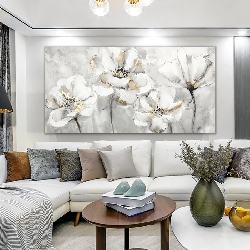 

Spainish Beautiful White and Gold Flower Oil Painting Modern Home Living Room Decor Printed Posters and Prints Cuadros Wall Art