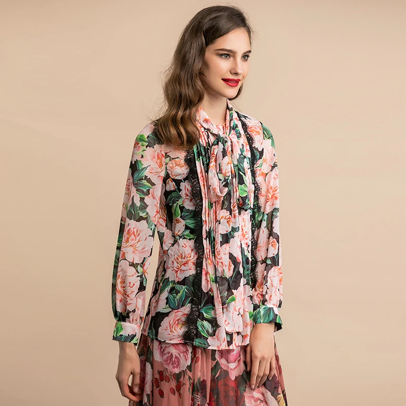 LD LINDA DELLA Autumn Fashion Elegant Blouses Women's Bow Collar Pleated Lace Floral Print Vintage Shirt Holiday Casual Tops - Цвет: Многоцветный