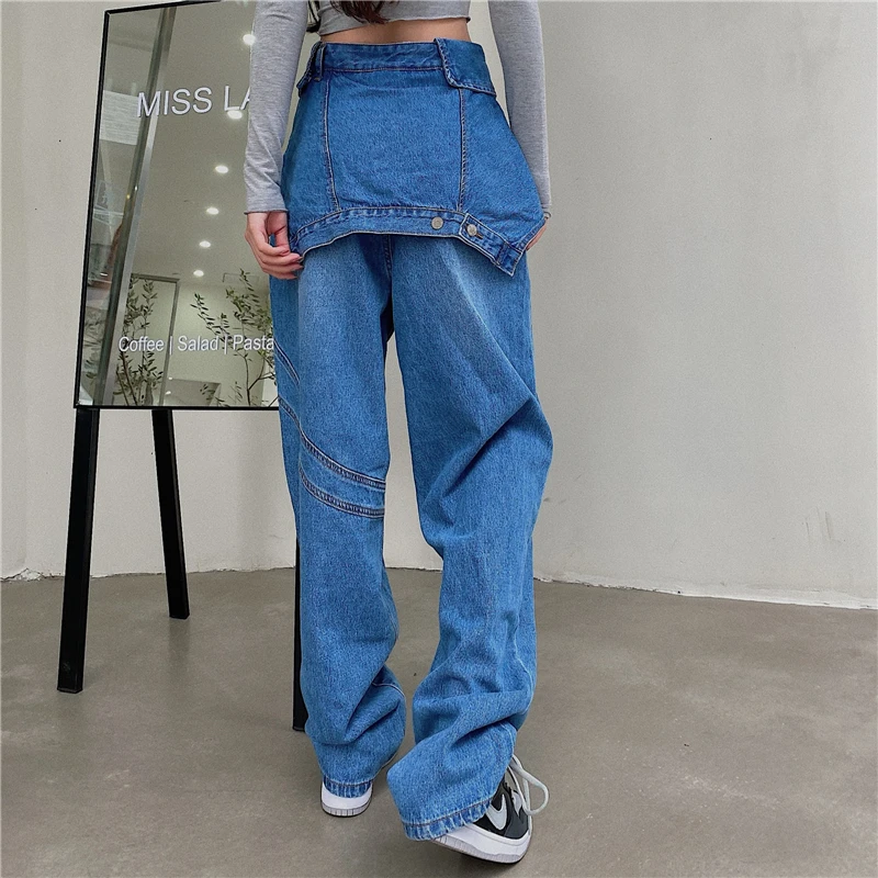 

Patchwork Pockets Solid Jeans Women 2021 Spring Casual Fashion New Style Temperament All Match Loose Women Clothes