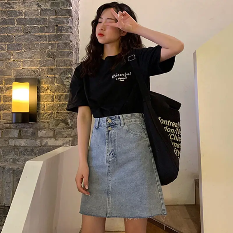 

High Waist Denim Skirt Female Summer 2021 New Students All-match Thin A-line Skirt Short Skirt with Raw Edges