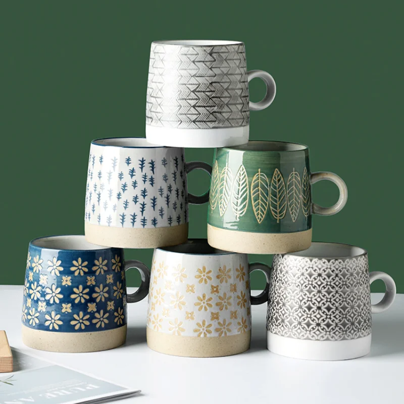 320ml / 400ml Japanese ceramic coffee cup with handle retro pastoral water embossed Mug creative milk Drinkware | Дом и сад