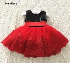 Милое платье для маленьких девочек с красным кружевом и черными блестками, Детские наряды на день рождения с бантом, Размер 6m 12m 18m 24m