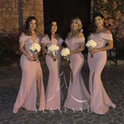 Новое Розовое Атласное платье подружки невесты с открытыми плечами платье милой русалки для свадебвечерние с Боковым Разрезом