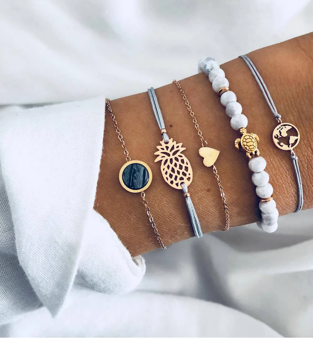 

New style woven bracelet European and American style pineapple love black bead chain turtle blue bead string bracelet wholesale