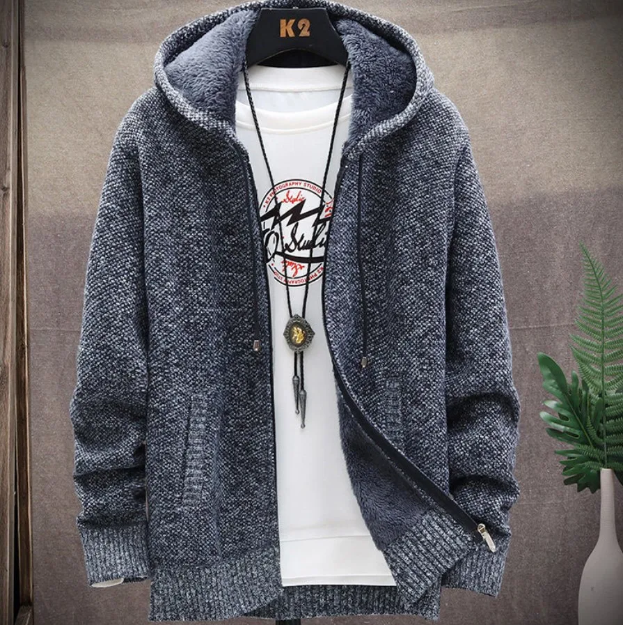 

Plus velvet padded autumn and winter men's cardigan stand neck hooded sweater thick style wool coat