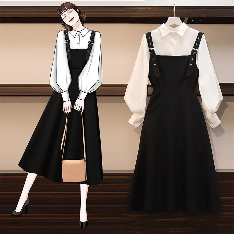 

Suspender Skirt Suit Skirt Women's 2020 New Autumn Dress Foreign Style Aging Temperament Shirt Dress Two-piece Set