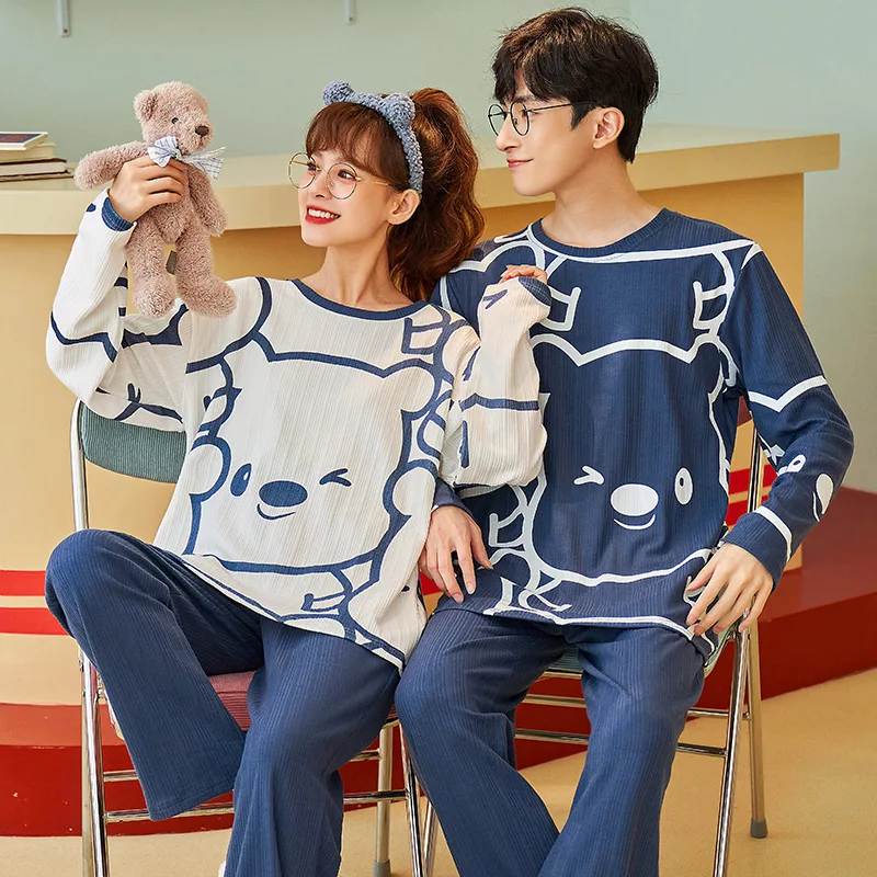 Новые осенне-зимние хлопковые Пижамные комплекты для пар с длинным рукавом в
