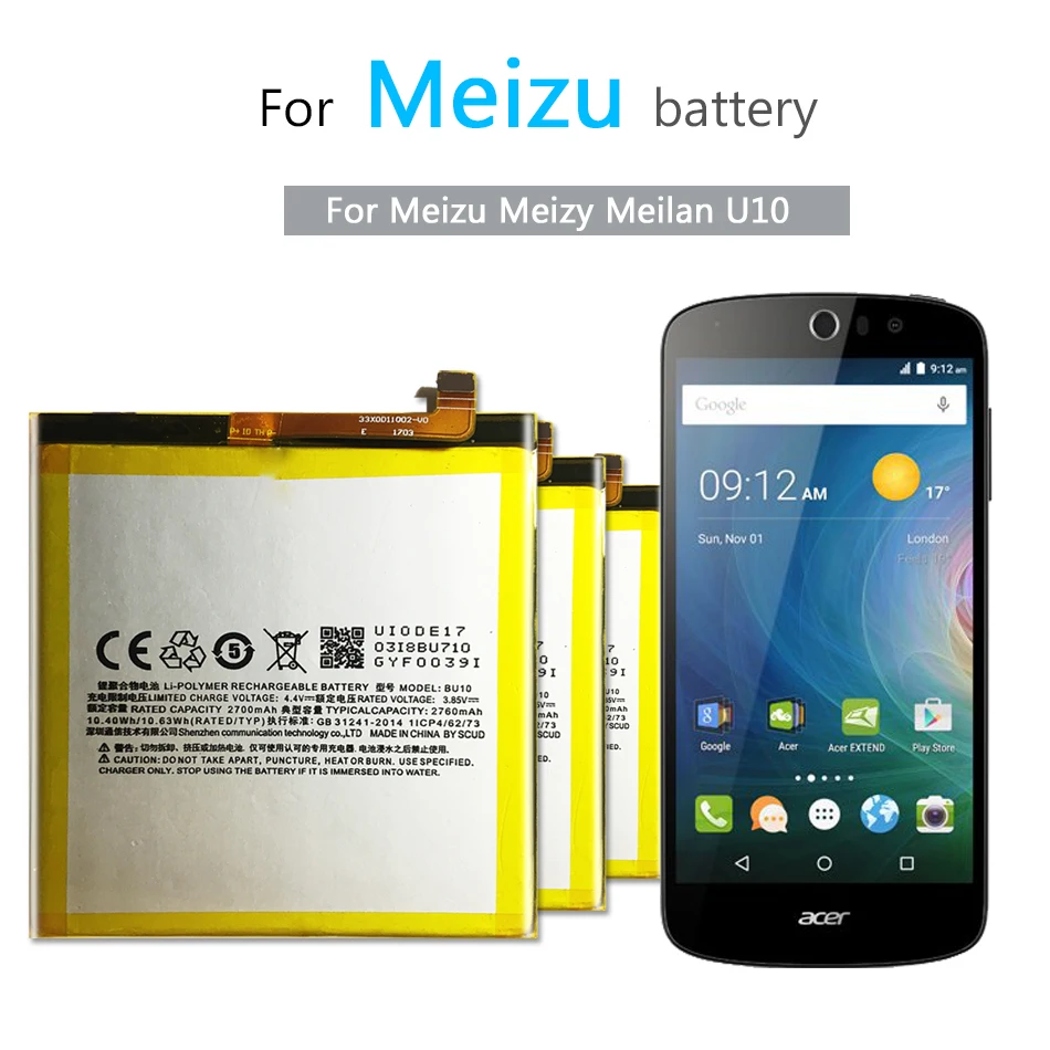 Мобильный телефон батарея для Meizu Meizy Meilan U10 запасная BU10 2760mAh|Аккумуляторы