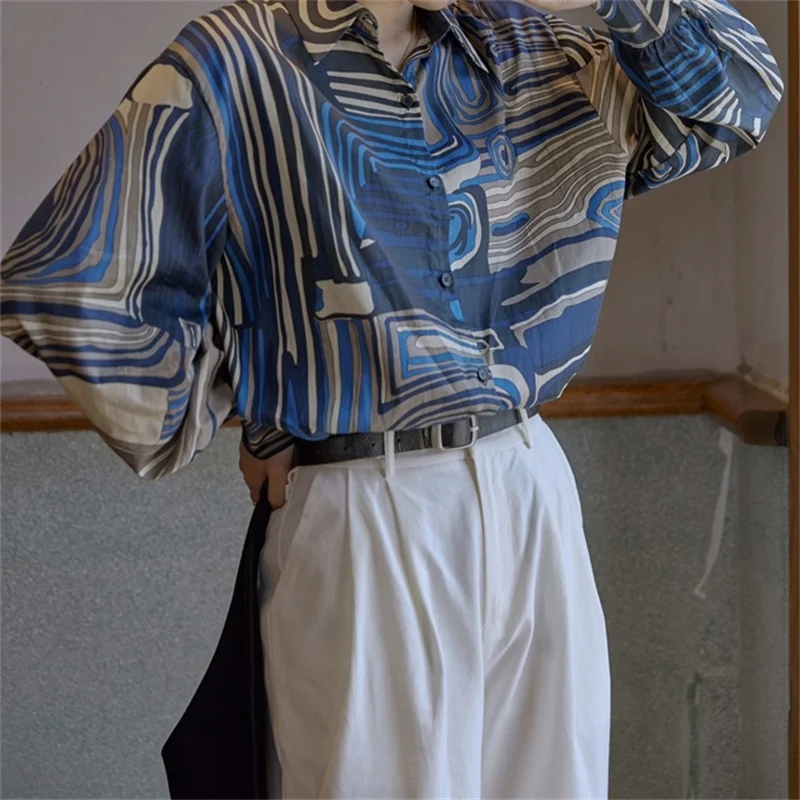 

ZXQJ Women 2021 Fashion Casual Layered interstellar Print Blouses Vintage Long Sleeve Female Shirts Chic Tops