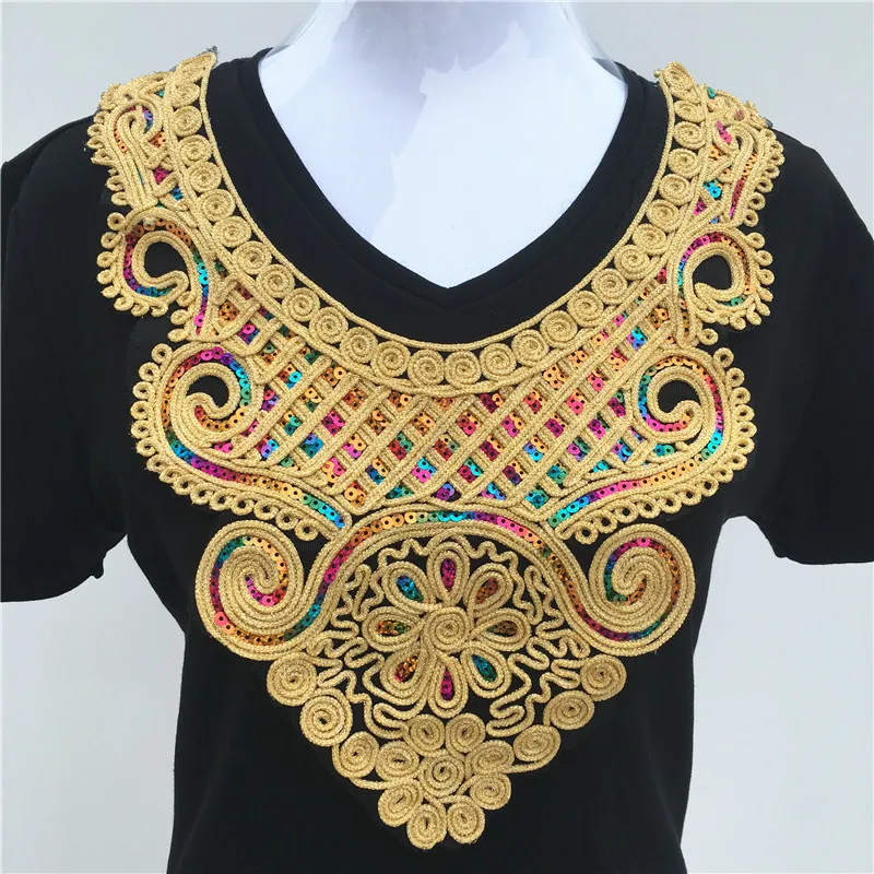 Золотой кружевной воротник Венеция с блестками Цветочная вышитая аппликация