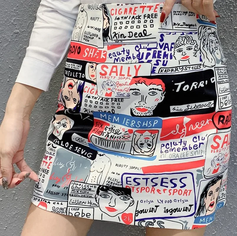 

Женская летняя юбка с высокой талией, юбка в японском стиле Харадзюку с принтом в виде комиксов и граффити, 2020
