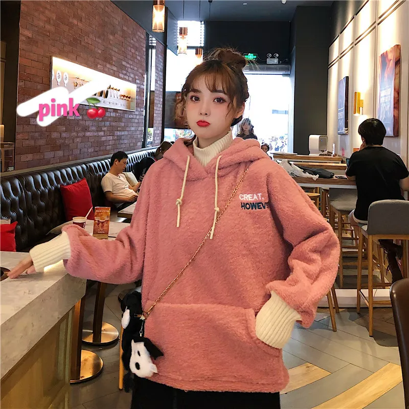 

2020 winter lamb wool velvet fake two-piece splicing warm ladies pullover solid color plus velvet thick loose women's hoodie
