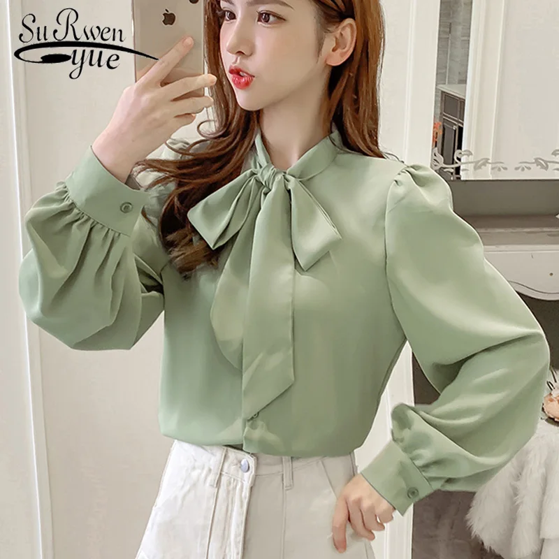 Женская однобортная блузка с бантом Однотонная рубашка Джокера длинным рукавом