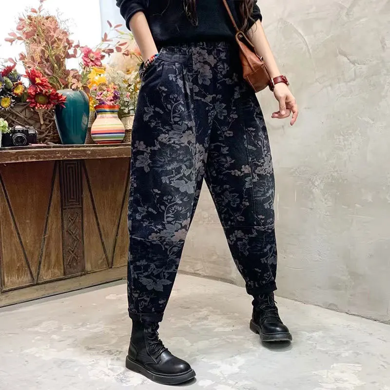 

2021 Spring Autumn Women Elastic Waist Cotton Denim Harem Pants Vintage Print Loose Jeans Female Jean Trousers V698