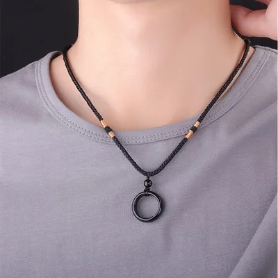 

Natural Black Ring Pendant Necklaces Manual Rope Women Men Necklace Fashion Jewelry for Gift Dropship 1pc