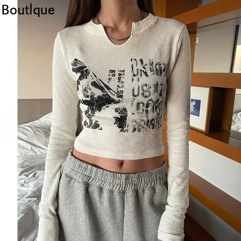 

Женская футболка с длинным рукавом и принтом в стиле ретро, сексуальная осенняя одежда, уличная одежда