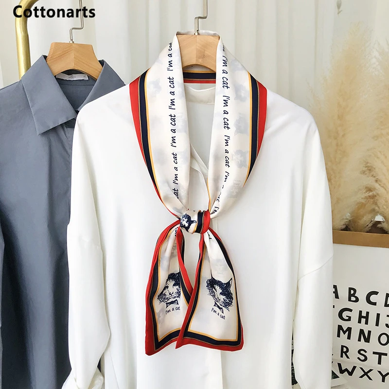 

New Women Narrow Long Scarf 130x13cm Elegant Thin Silk Tie Scarves Fashion Printing Bag Ribbon Headband Warm Neckerchief & Wraps