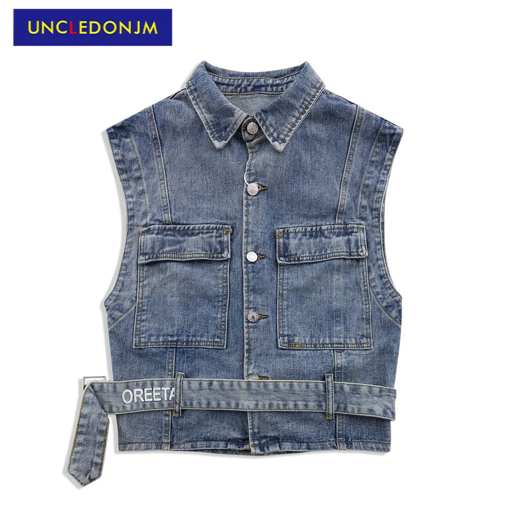 

UNCLEDONJM hip hop vest biker vest jean jacket men HIP HOP techwear denim vest blue motorcycle jacket men vest W920