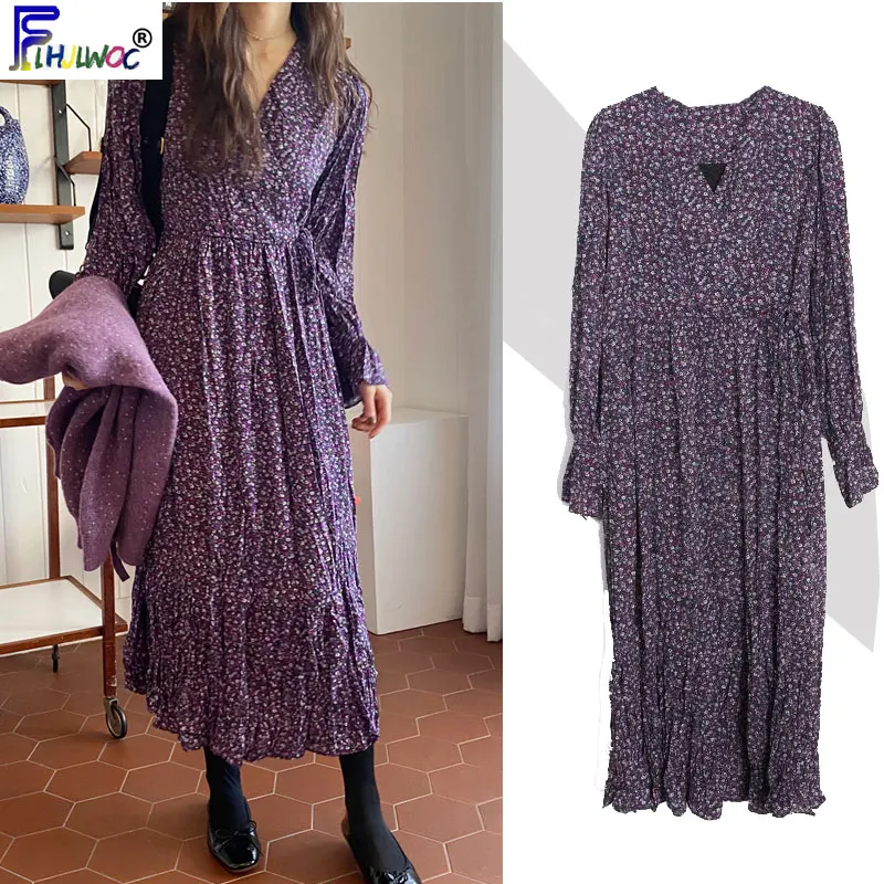 Женское винтажное платье с цветочным принтом длинное фиолетовое трапециевидной