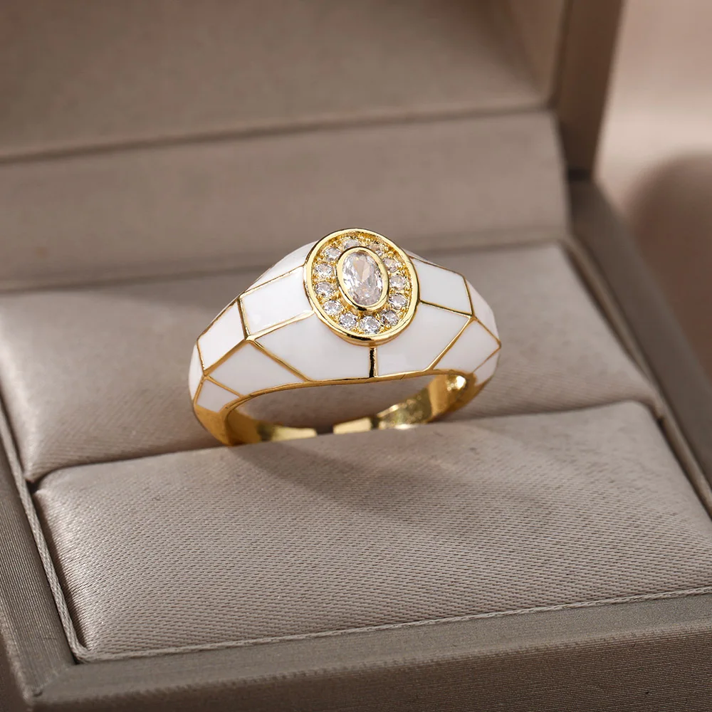 

Fashion Trend Colorful Enamel Stitching Open Ring Dainty Zircon Crystal Finger Ring For Women Girls Geometric Jewelry Gifts