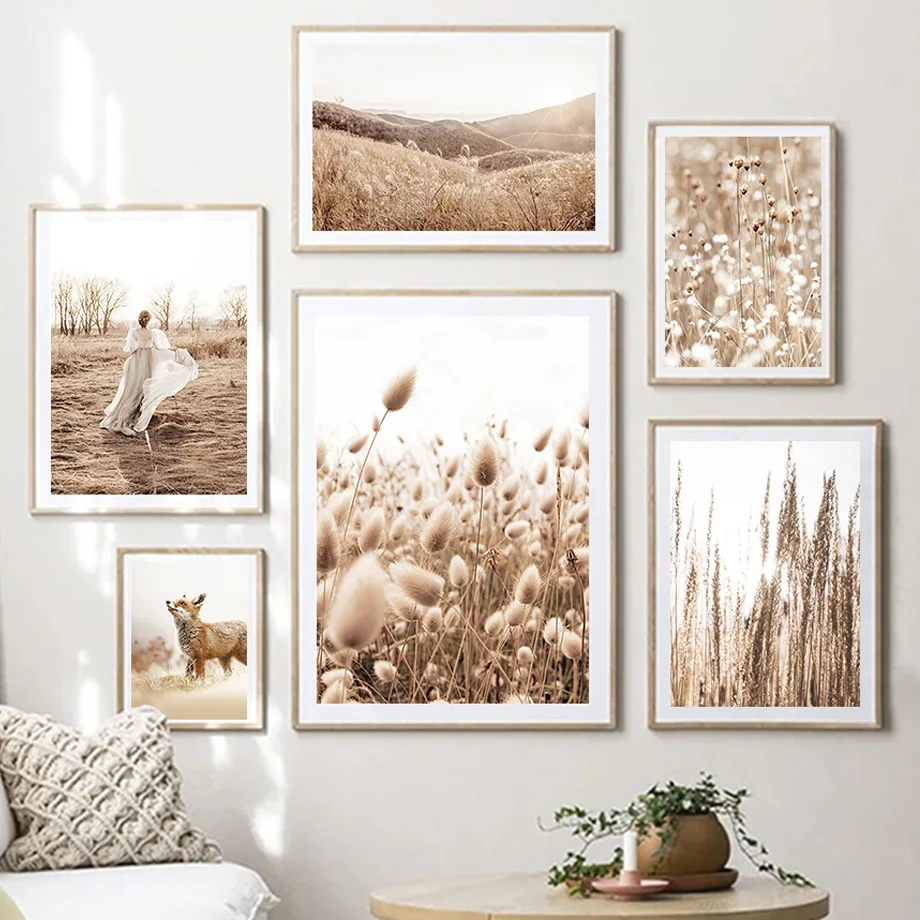 Настенная картина бежевая пляжная трава Сладкая трость песок лиса настенная