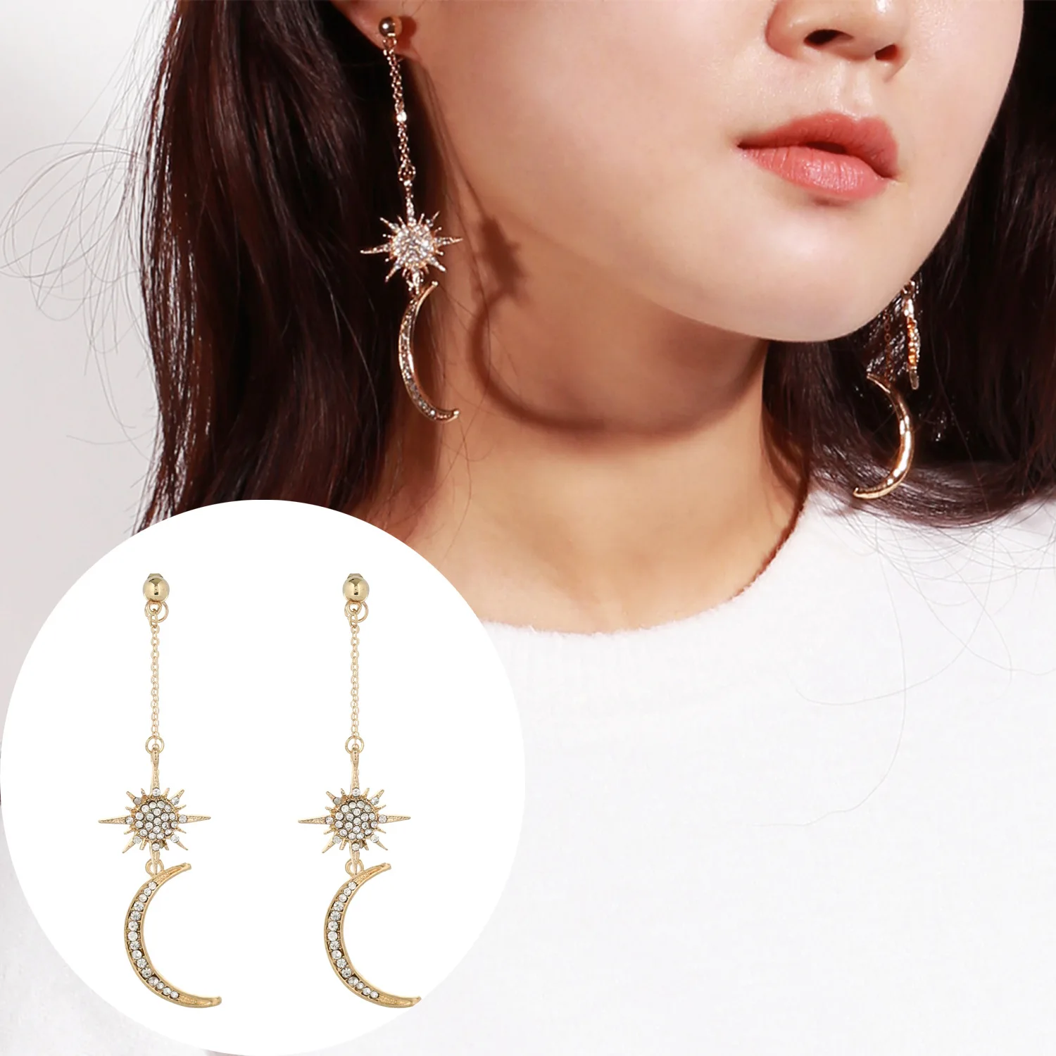 Elegant Fashion Long Earrings For Women Gold Color Moon Star Drop Dangle Jewelry Geometric Rhinestone Earring Wholesale | Украшения и