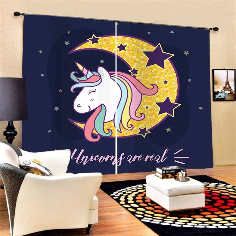 Милая Волшебная занавеска на окно с изображением единорога и Луны черная для
