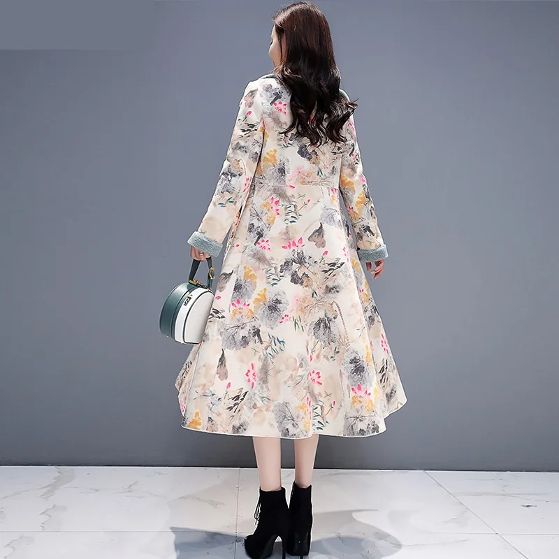 2019 Новая женская зимняя куртка длинное замшевое хлопковое пальто с принтом из