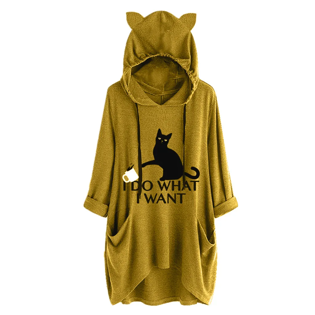 Женская толстовка с капюшоном и кошачьими ушками длинным рукавом | одежда