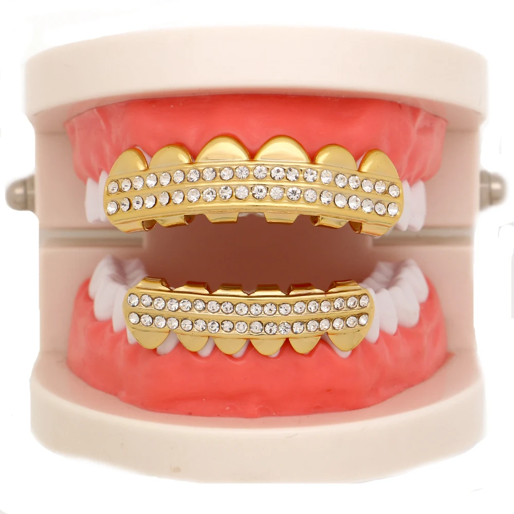 

Men Gold Silver Color Teeth Grillz Top Bottom 2Row Iced Out Tooth Grills For Women Cosplay Teeth Caps Rapper Jewelry Gift