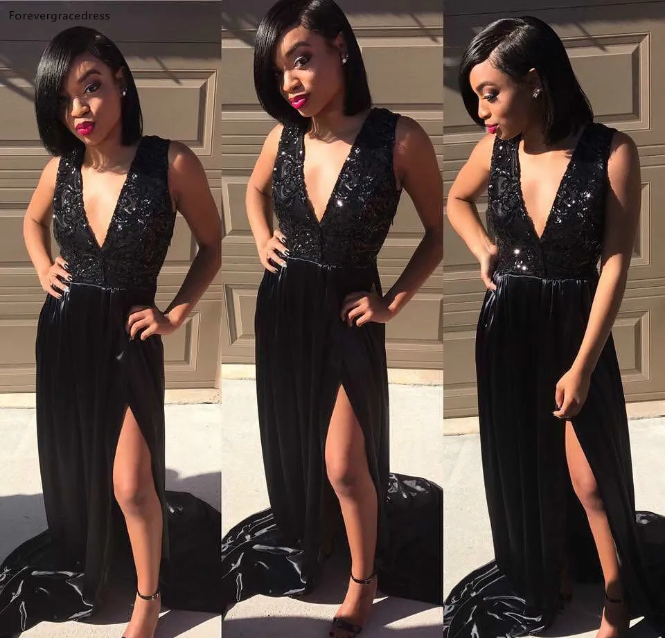 

2019 Black Split Prom Dress Deep V- Neck Long Appliques Formal Pageant Holidays Wear Graduation Evening Party Gown Plus Size