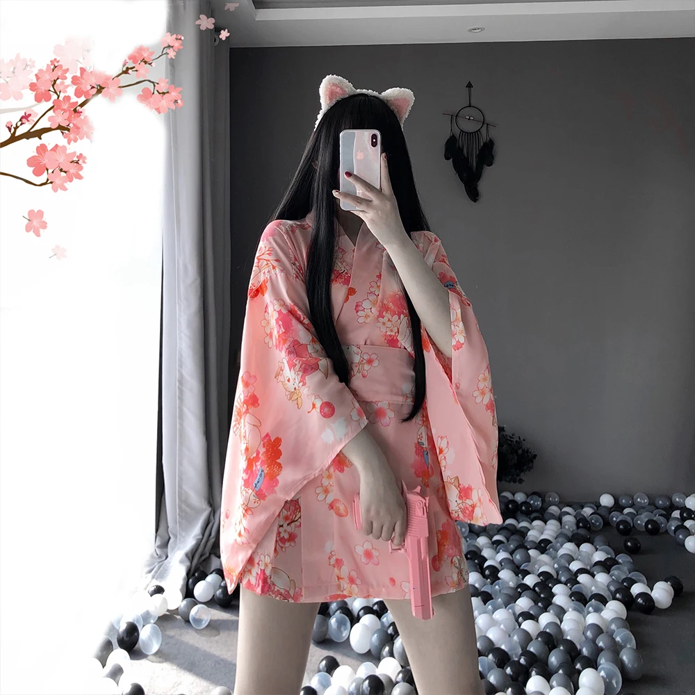 

Sexy Sakura Kimono Lovely Japanese Uniform Robe Floral Bathrobe Short Kimono Robe Night Bathrobe Fashion Dressing Gown for Women