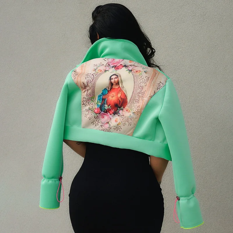 

Winter 2021 Sexy Streetwear Y2k Women Jacket Printed Stand Collar Crop Top Casual Coat Long Sleeve Button Up