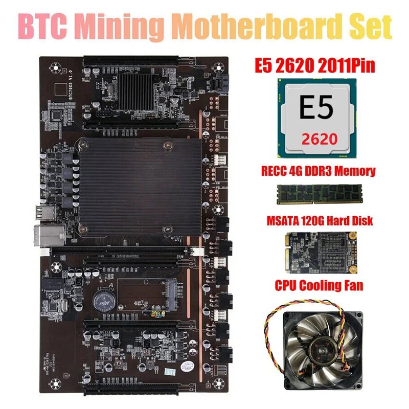 

Материнская плата X79 H61 BTC для майнинга, 5X PCI-E поддержка 3060 3070 3080 GPU с процессором E5 2620 RECC 4 ГБ DDR3 ПАМЯТЬ 120G SSD + вентилятор