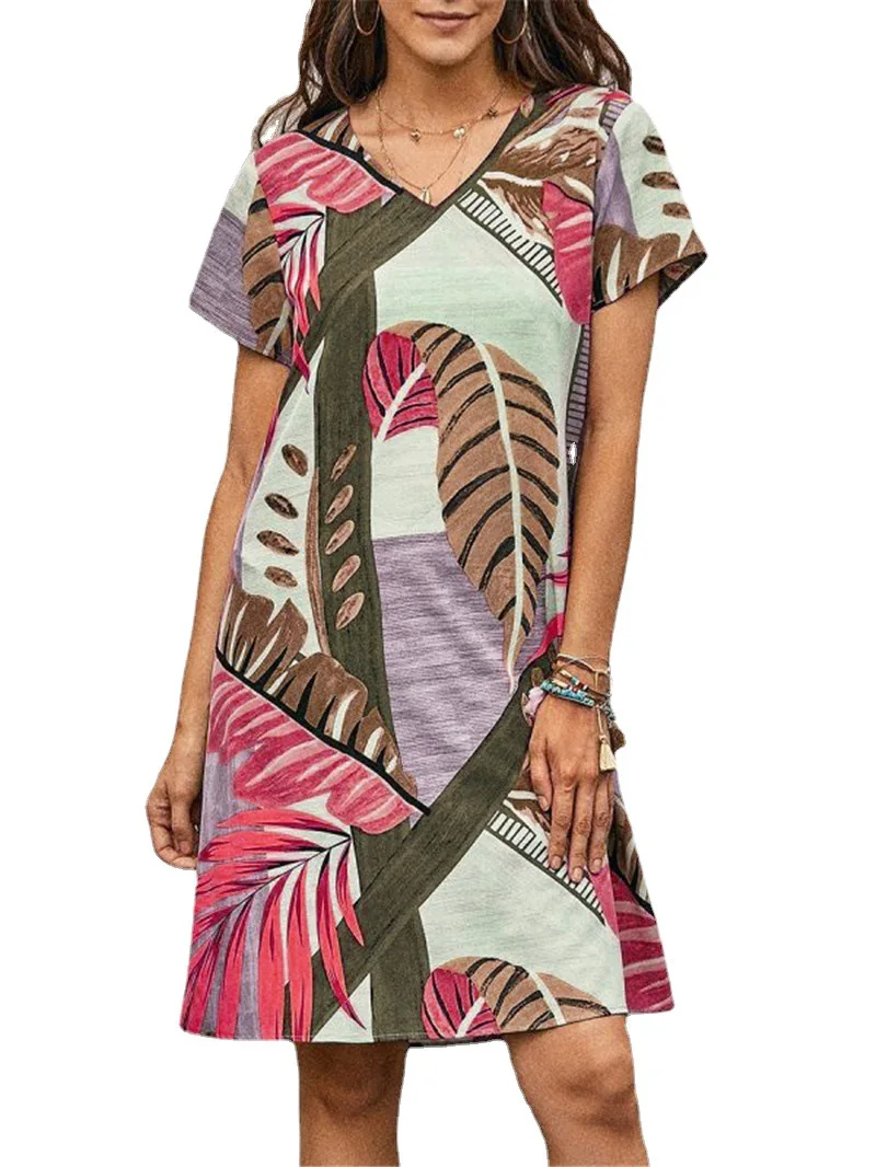 

Short Dress Fashion Sexy Women Summer Office Casual Loose Short Sleeve Print V Neck Above Knee Sleeveless Plus Size Vestidos