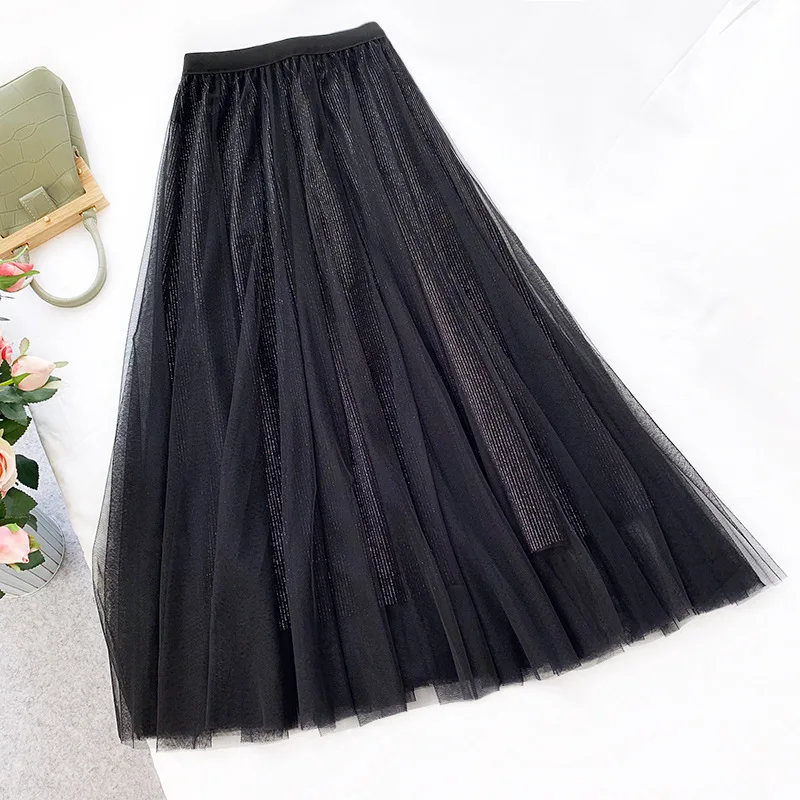 REALEFT New 2020 Spring Velvet Mesh A-Line Skirts Fashion Long Ladies High Waist Korean OL Style Ball Gown Female | Женская одежда
