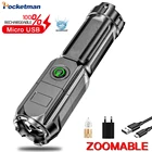 Pocketman самый мощный светодиодный фонарик, USB Перезаряжаемый фонарик, масштабируемый фонарик со встроенным аккумулятором, фонасветильник для кемпинга