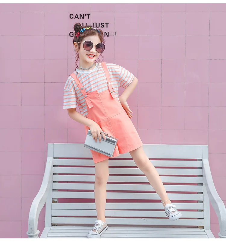 

Kids Sets Casual Rainbow Striped Short Sleeve T-shirt Strap Shorts 2pcs Big Girl Clothing Summer Girl Suits 4 5 6 7 8 9 10 11 Y