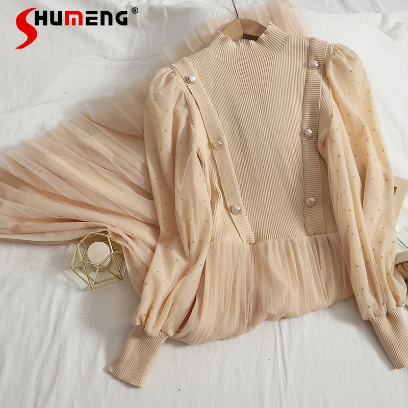 

Женское трикотажное платье в стиле пэчворк, элегантное плиссированное платье до середины икры с пышными рукавами, осень 2021