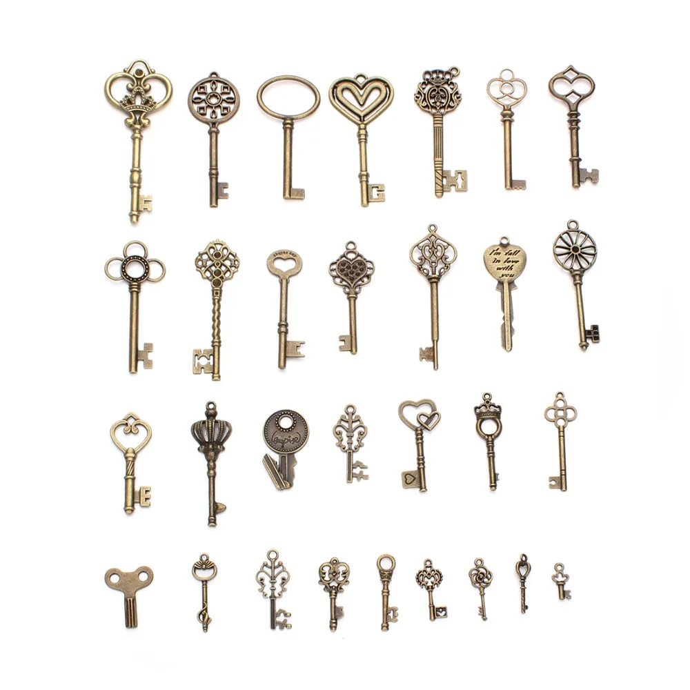 

24pc/lot Mix Styles Key Shape Pendant Charms Antique Bronze Color Heart Pendant Fit Vintage DIY Necklace Bracelet