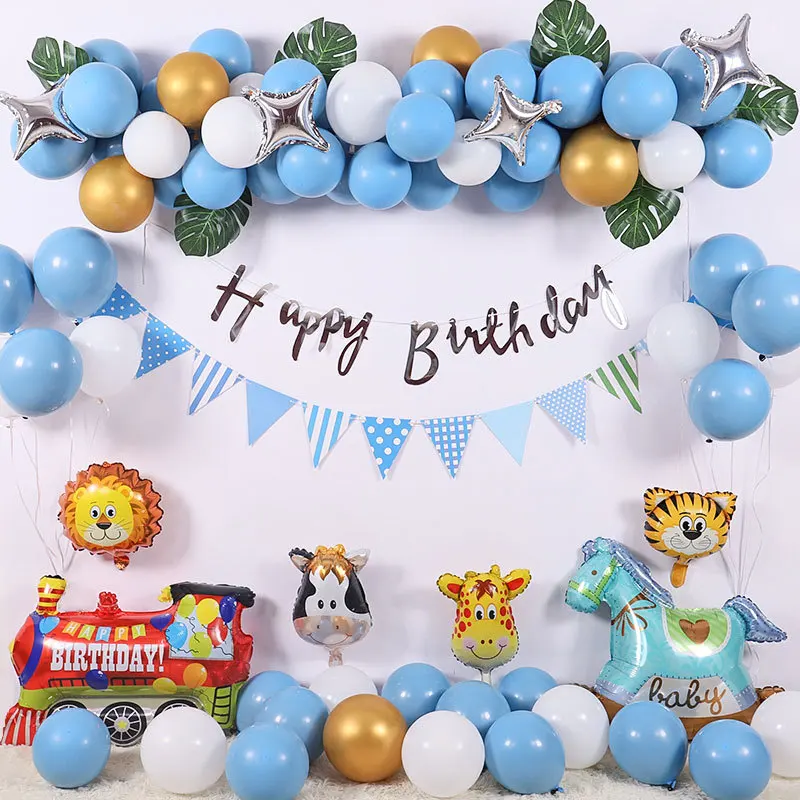 

137 шт./лот синий белый латексный набор воздушных шаров с мультяшными животными тема детский день рождения банквечерние ринка украшение фон ...