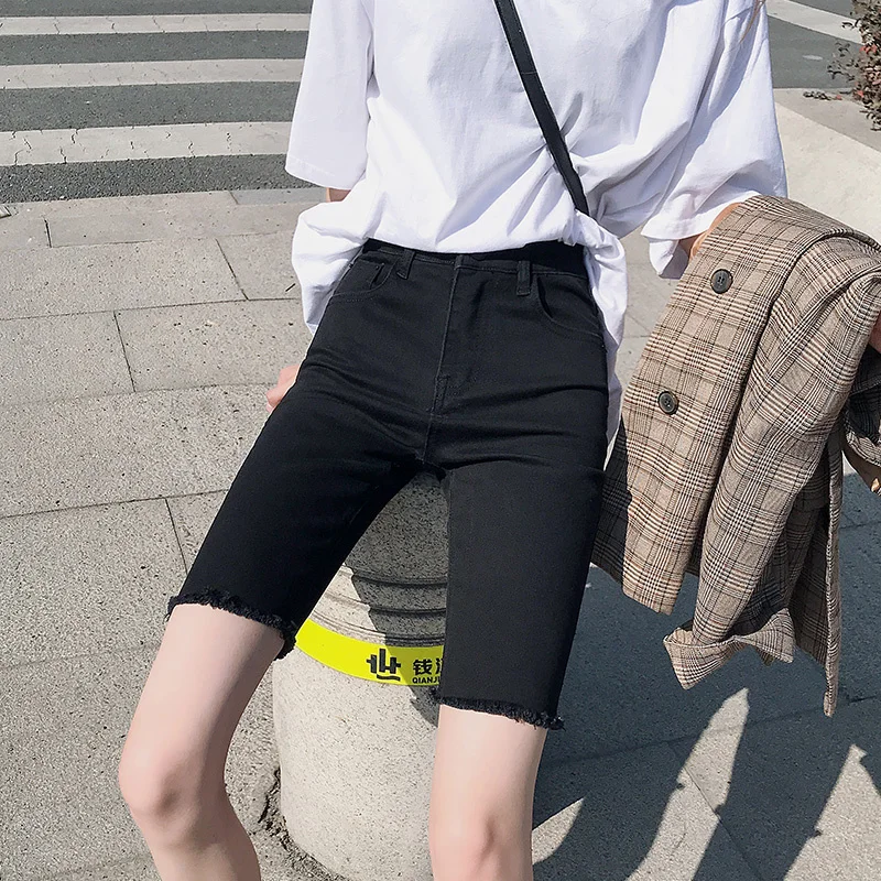 

Denim Shorts Women's Summer 2021new High Waist Shorts Black Figure Flattering Middle Pants Outer Wear Tight Cycling Pants