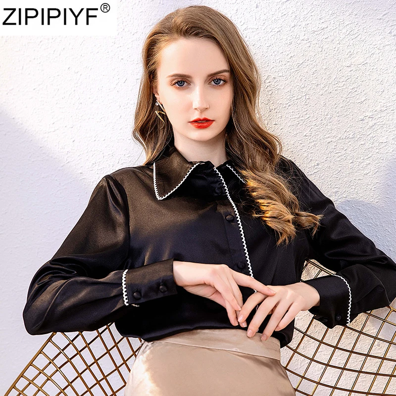 2020 Eur-American New Fashion Solid Satin Silk Blouse Ladies Casual Long Sleeve Button Turn down Collar Silk blouses shirts